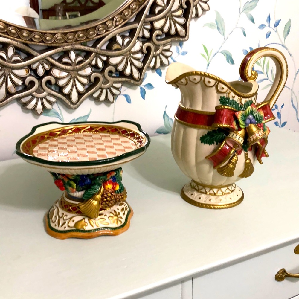 Fitz & Floyd Christmas Pillar Candle Holder/Pedestal Dessert Plate & Pitcher